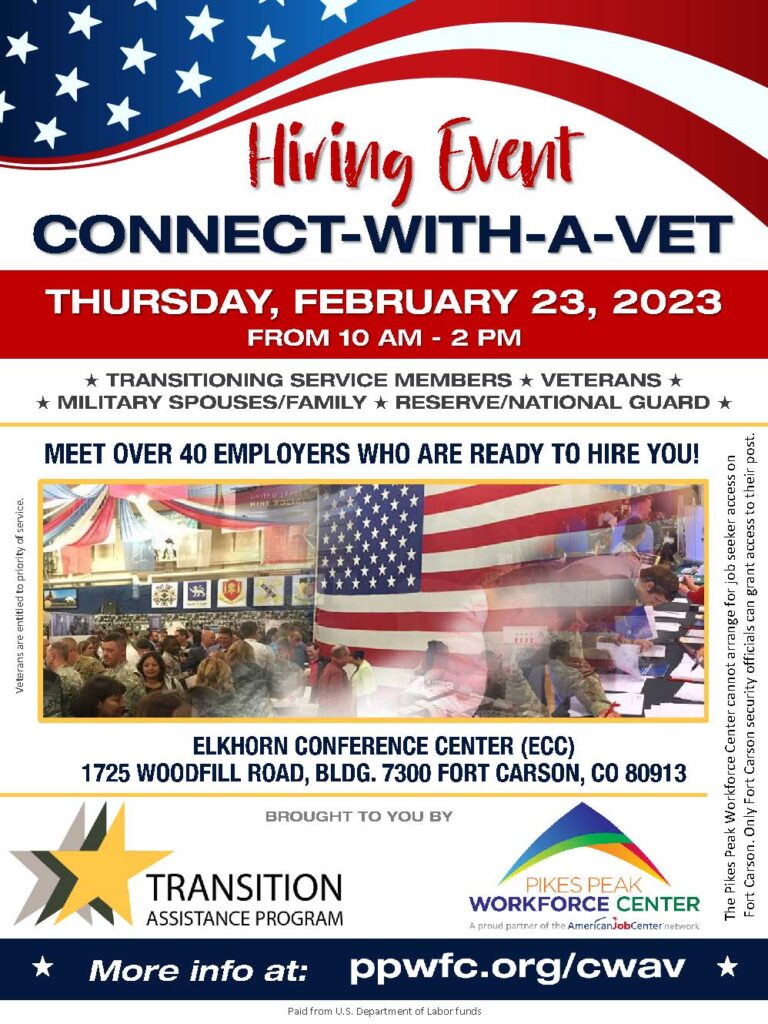 Meet over 40 Employers who are ready to hire you! 
Join us February 23, from 10am-2pm at the Elkhorn Conference Center (ECC):
1725 Woodfill Road, Bldg, 7300 Fort Carson, CO, 80913. 

Click the link in the title for more information.
