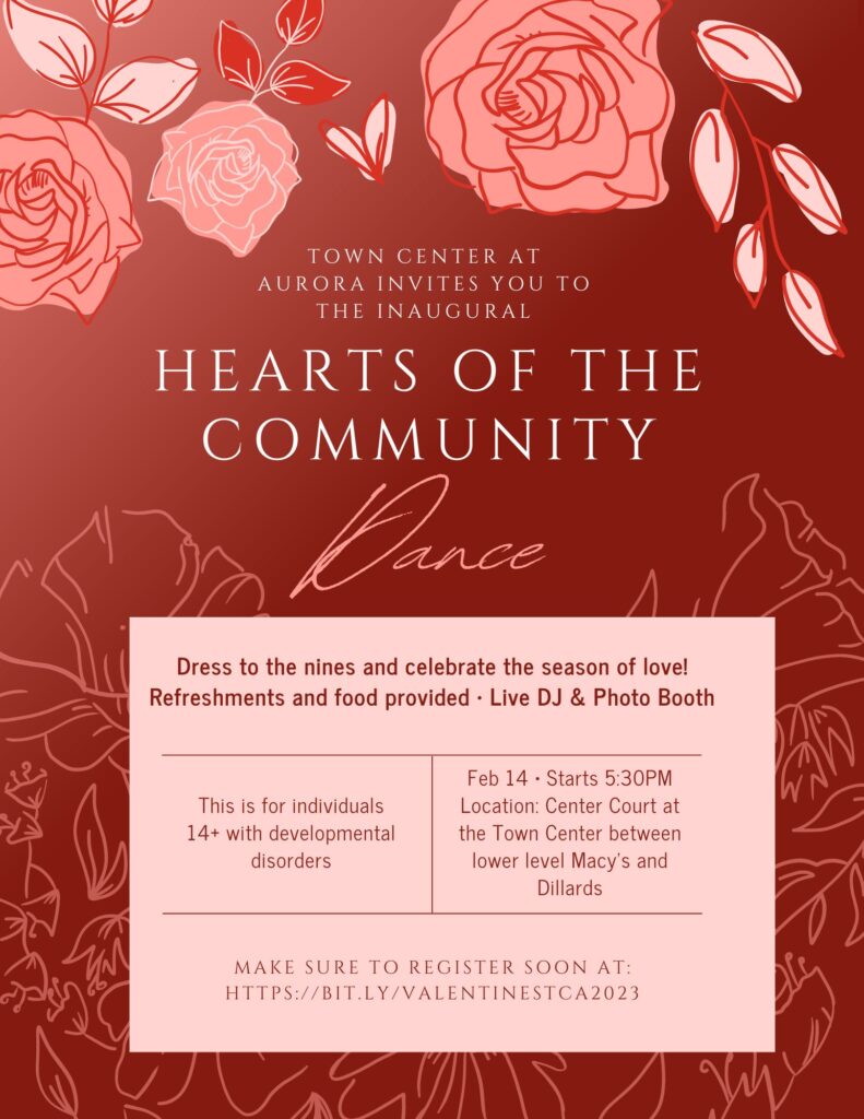 The dance will take place on Valentine’s Day, Tuesday, 14 February from 5:30-8:30 pm at the Town Center’s “Center Court” area and will have food and beverages, live DJ, photographer, photo booth, Dance King and Queen prizes, and a red carpet entrance. 

For more information or to sign up to volunteer, please click the link in the title.