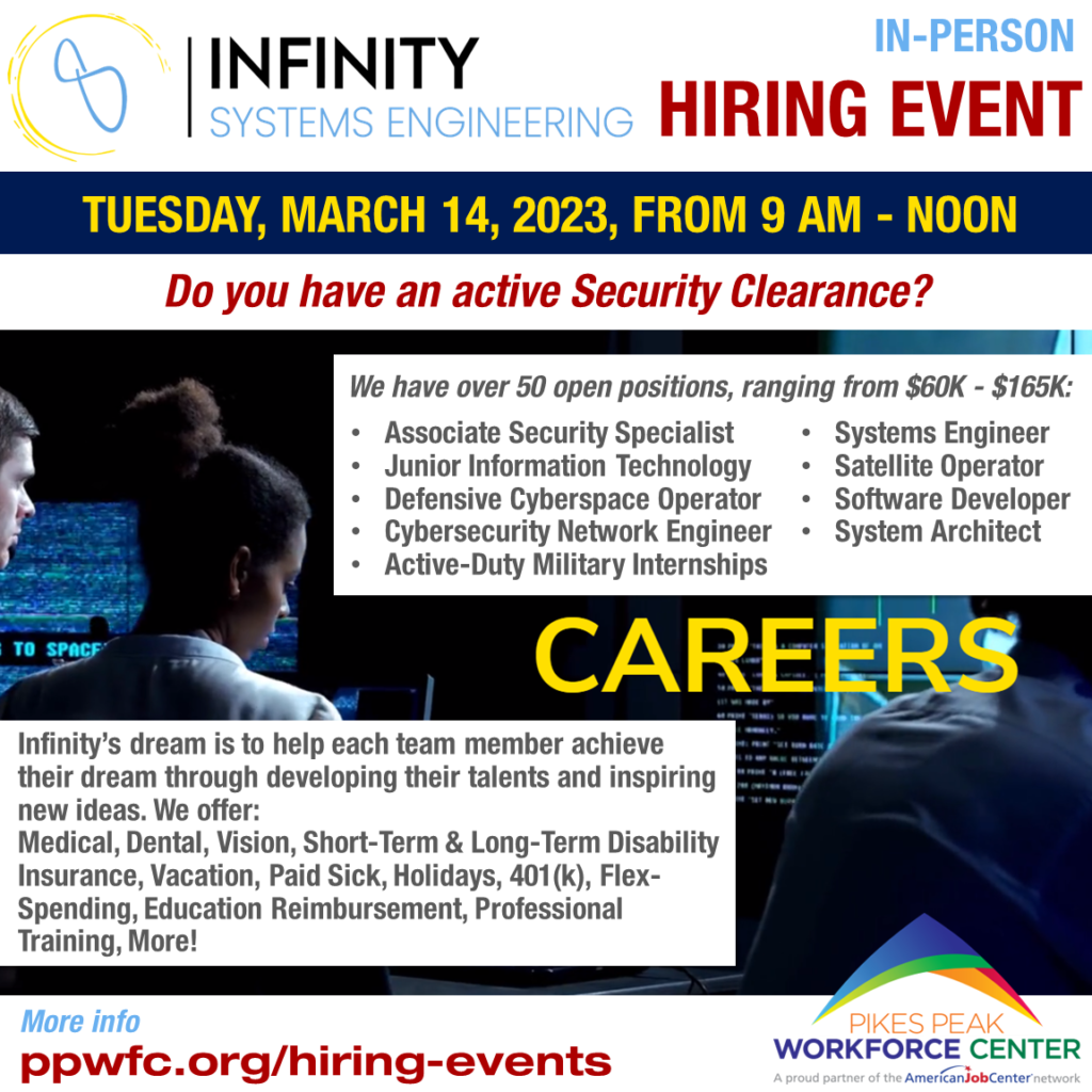 uesday, March14, 2023 
9:00AM- Noon MST
Positions include:
• Systems Engineer
• Satellite Operator
• Software Developer
• System Architect 
• Associate Security Specialist
• Junior Information Technology
• Defensive Cyberspace Operator