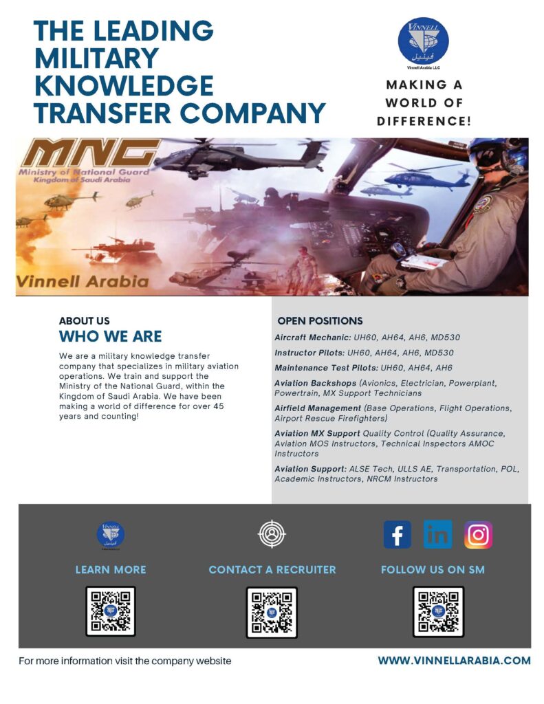 We are a military knowledge transfer company that specializes in military aviation operations. We train and support the Ministry of the National Guard, within the Kingdom of Saudi Arabia. We have been making a world of difference for over 45 years and counting.