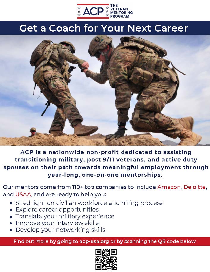 Our mentors come from 110+ top companies to include Amazon, Deloitte, and USAA, and are ready to help you:
Shed light on civilian workforce and hiring process
Explore career opportunities
Translate your military experience
Improve your interview skills
Develop your networking skills