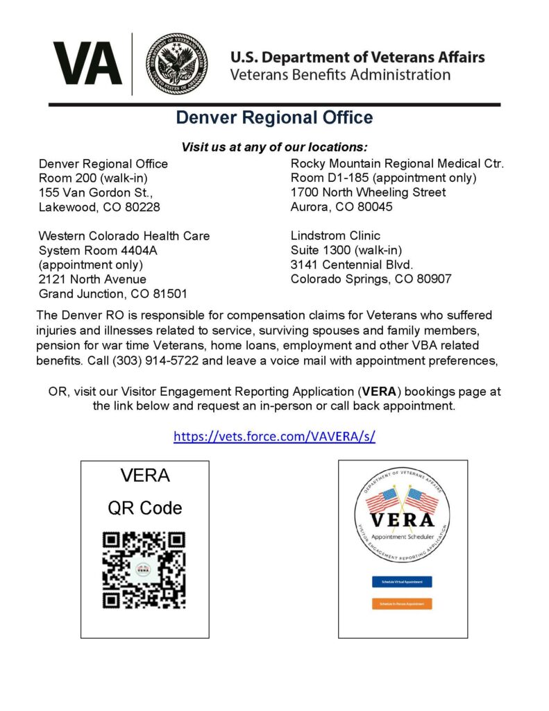 The Denver RO is responsible for compensation claims for Veterans who suffered injuries and illnesses related to service, surviving spouses and family members. Educating on pension for wartime Veterans, home loans, employment and other VBA related benefits. 
For more information:
Call (303)914-5722 