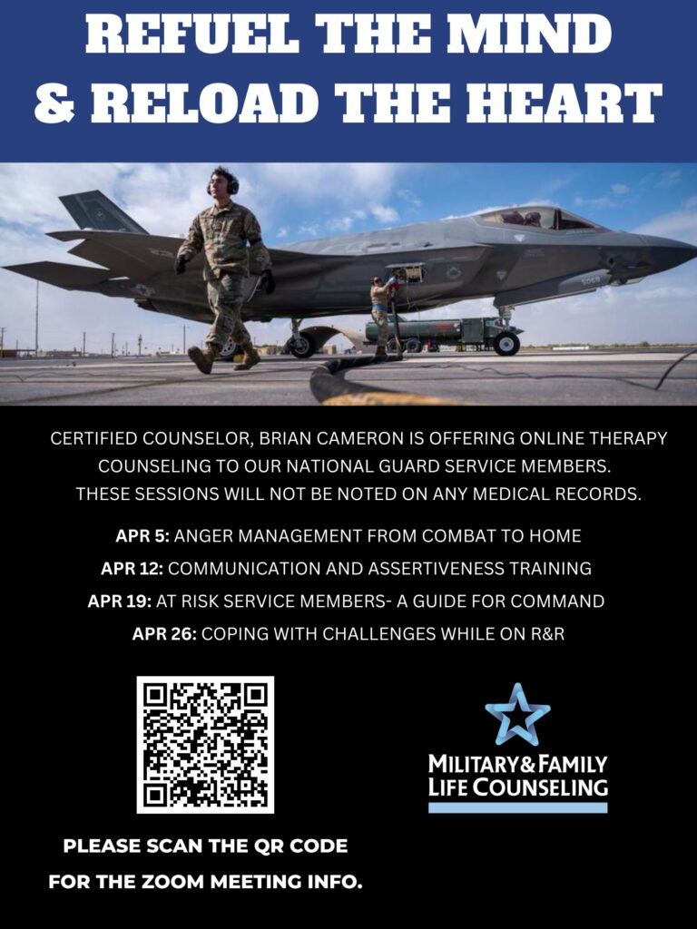 Certified Counselor Brian Cameron is offering online thereapy cousneling to our National Guard Service Members. These sessions will not be noted on any medical records.
Held every Wednesday at 6 PM.
This week's topic: What to say when someone is grieving.