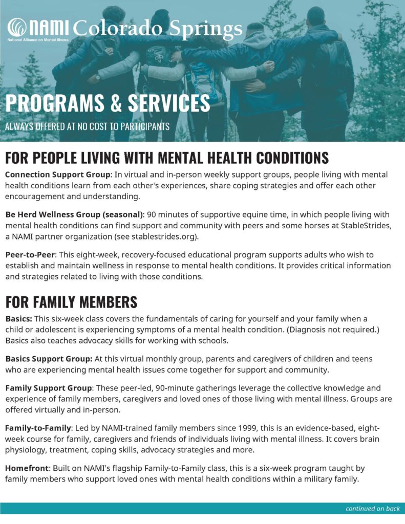 Connection Support Group: In virtual and in-person weekly support groups, people living with mental health conditions learn from each other's experiences, share coping strategies and offer each other encouragement and understanding.