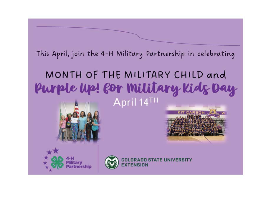 Please join the 4-H Military Partnership in a wonderful Purple Day for military kids. April is the month for military kids in Colorado.  
When:
April 14th, 2023 
Location:
Colorado State University
711 Oval Drive
Fort Collins, CO 80521

For more information, please contact Vanessa Tranel, a contractor for 4-H Military Partnership. 
Call (720)847-6681 or email Vanessa.Tranel@colostate.edu