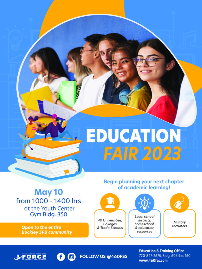 Begin planning your next chapter of academic learning! 40 universities, colleges 
& trade schools will be attending the Education Fair.  
When:
May 10, 2023. 10 AM- 2 PM
Where:
Youth Center Gym Bldg. 350
For more info, call (720)847-6675.
Click the link in the title for more information.