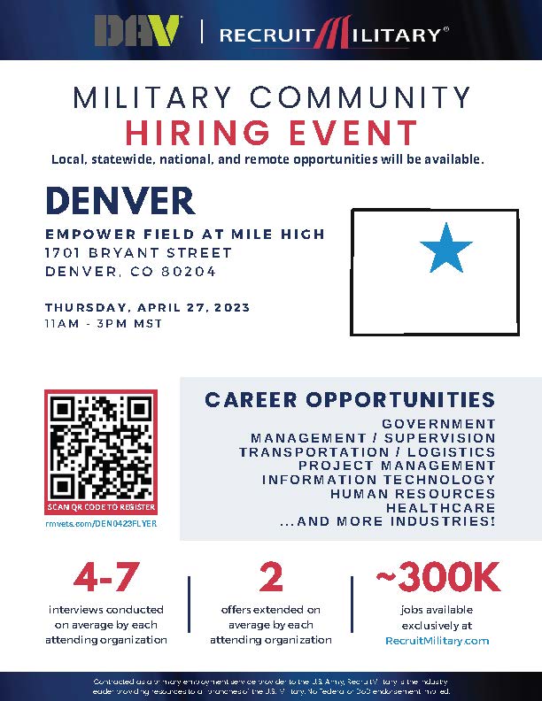 Local, statewide, national, and remote opportunities will be available.
When:
June 22nd, 2023: 11:00 AM - 1:00 PM MT
Where:
Empower Field at Mile High,
1701 Bryant St.,
Denver, CO 80204