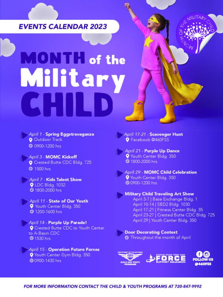 April is the month of the Military Child. 
Scheduled fun for all kids who are in a military family. A great opportunity to meet other kids and make friends. With fun activities such as scavenger hunts, dances, and traveling art shows.
Reminder: All of April will be holding a Door Decorating Contest. 
Call for more information, (720)847-9992. 