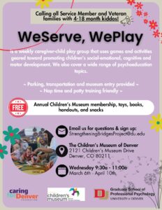 WeServe, We Play is a free caregiver-child play group provided by DU's Strengthening Bridges Program